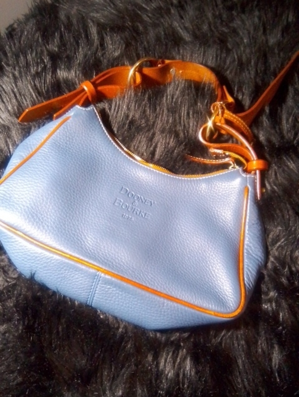Dooney & Bourke Light Blue Leather Shoulder Bag with Tan Trim